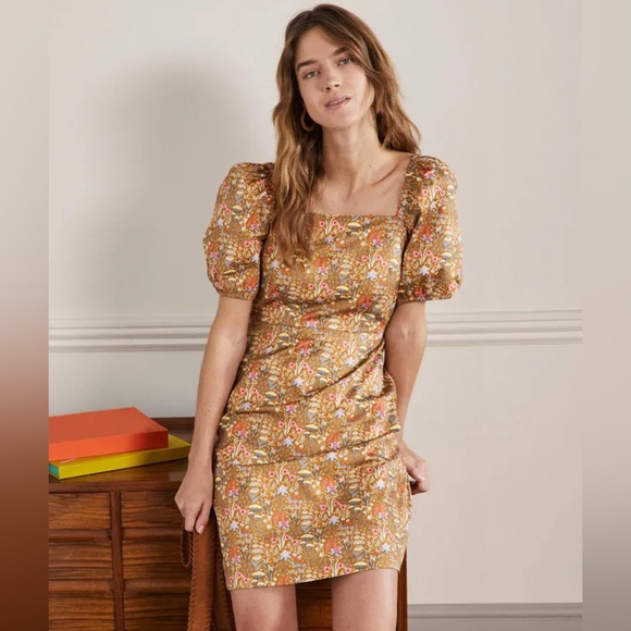 Boden Floral Puff Sleeve Mini Dress Golden Brown Cotton Plus Size 20 - Picture 1 of 11